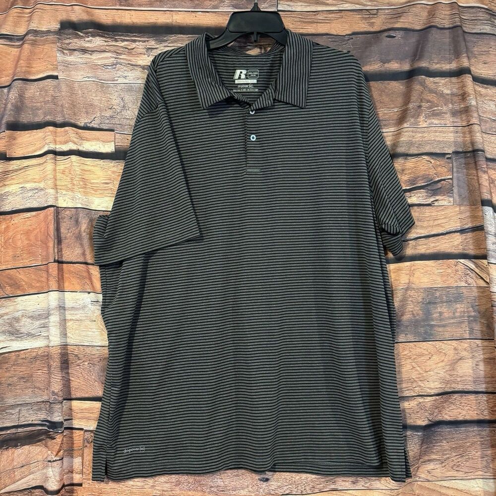 Russell Dri-Power 360 Mens 3XL Polo Shirt Gray Black Striped Short Sleeve Golf
